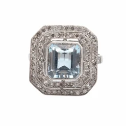 Bague Platine Aigue marine double entourage Diamants
