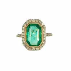 Bague platine et or jaune émeraude et diamants