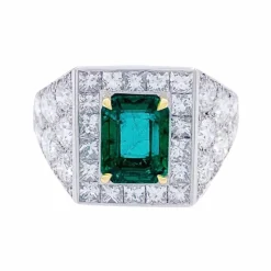 Bague, platine, or jaune, émeraude et diamant.