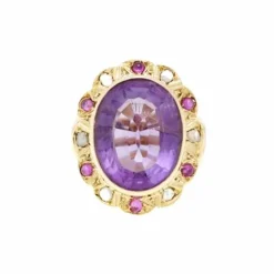 Bague Pompadour Améthyste Saphirs Roses Diamants Or Rose 14 Carats