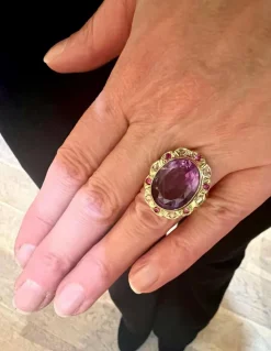 Bague Pompadour Améthyste Saphirs Roses Diamants Or Rose 14 Carats