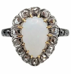Bague pompadour antique or blanc 18k opale cabochon et diamants taille roses (circa 1900)