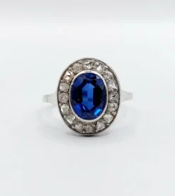 Bague pompadour or blanc et platine, saphir, diamants taille rose (circa 1910)