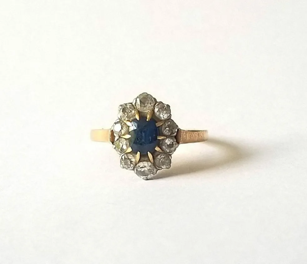 Bague pompadour or jaune saphir et diamants