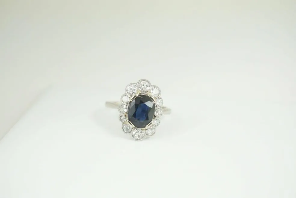 Bague pompadour saphir diamants Art Déco