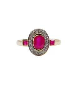 Bague pompadour vintage or jaune, rubis, diamants et de rubis carrés
