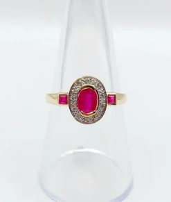Bague pompadour vintage or jaune, rubis, diamants et de rubis carrés