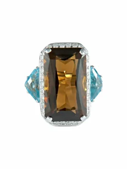Bague Quartz fumé Topazes bleues