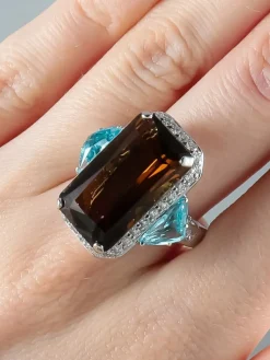 Bague Quartz fumé Topazes bleues