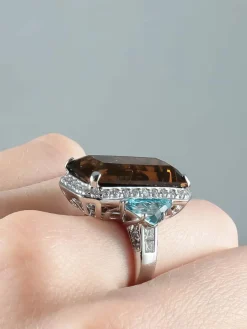Bague Quartz fumé Topazes bleues
