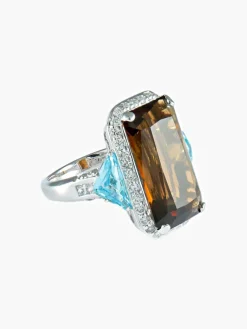 Bague Quartz fumé Topazes bleues
