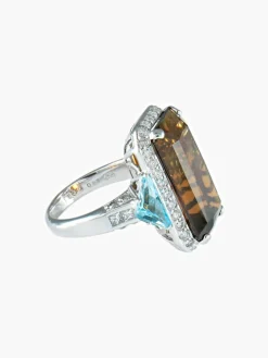 Bague Quartz fumé Topazes bleues