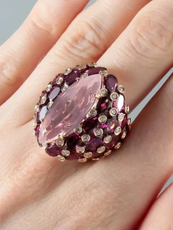 Bague Quartz rose Tourmalines Diamants
