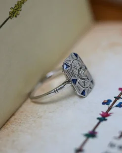 Bague Rectangle Art Déco Diamants et Saphirs
