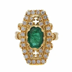 Bague rectangle Or jaune Emeraude Diamants