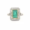 Bague rectangle Or jaune Platine Emeraude Diamants