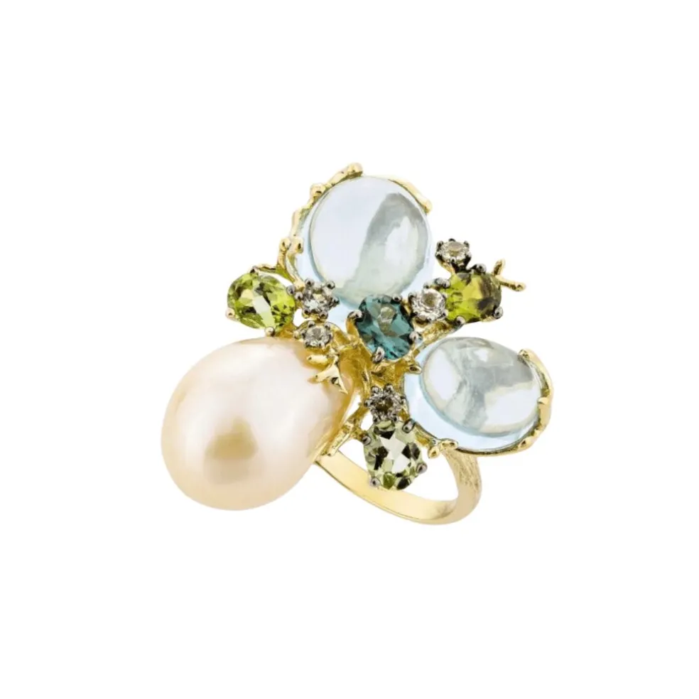 Bague Romance Divine en or jaune, perle et topazes