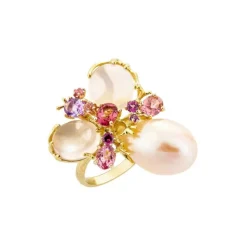 Bague Romance Divine en or jaune 18 carats, perle et quartz rose