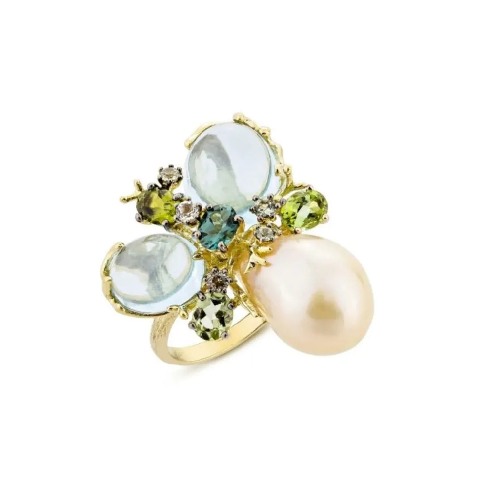 Bague Romance Divine en or jaune, perle et topazes