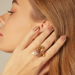 Bague Romance Divine en or jaune perle et citrines