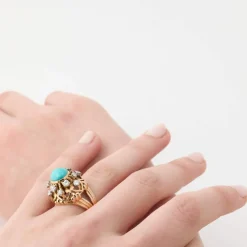 Bague Rétro Dôme Or Jaune Turquoise Diamants