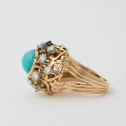 Bague Rétro Dôme Or Jaune Turquoise Diamants