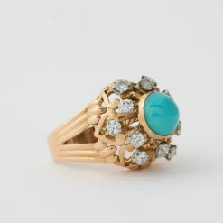 Bague Rétro Dôme Or Jaune Turquoise Diamants