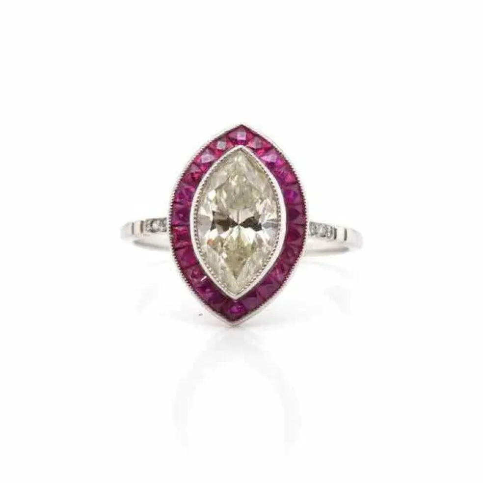 Bague Rétro Or blanc Diamant Rubis