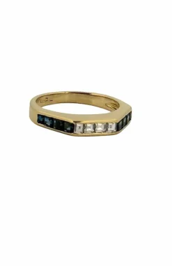 Bague rétro or jaune, diamants, saphirs