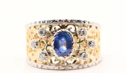 Bague saphir 0,95 carats, diamants, or bicolore