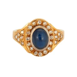 Bague Saphir Cabochon Diamants Or Jaune et Or Blanc