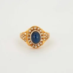 Bague Saphir Cabochon Diamants Or Jaune et Or Blanc
