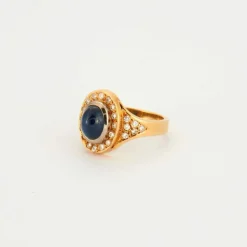 Bague Saphir Cabochon Diamants Or Jaune et Or Blanc