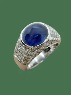Bague saphir cabochon or blanc et diamants
