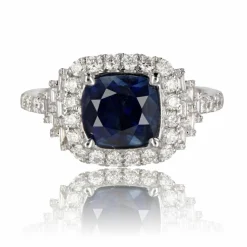 Bague saphir de Ceylan coussin et diamants