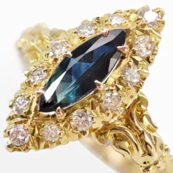 Bague saphir diamants or navette