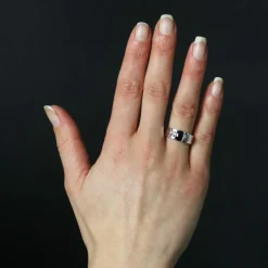 Bague saphir diamants trapèze or blanc