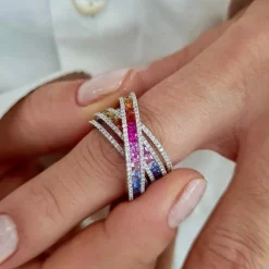 Bague saphirs multicolores diamants or blanc