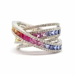 Bague saphirs multicolores diamants or blanc