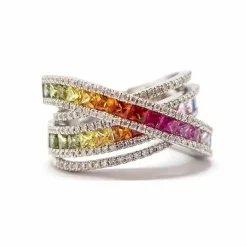 Bague saphirs multicolores diamants or blanc