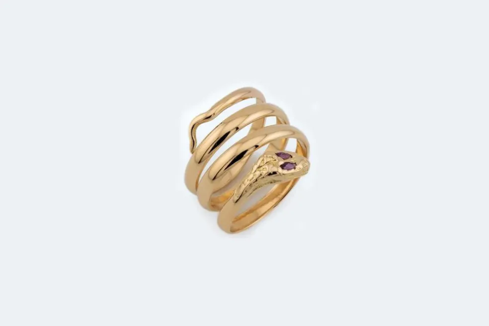 Bague serpent en or jaune et rubis