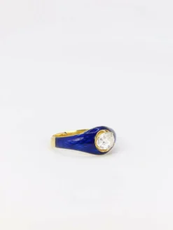 Bague solitaire émail bleu diamant taille ancienne