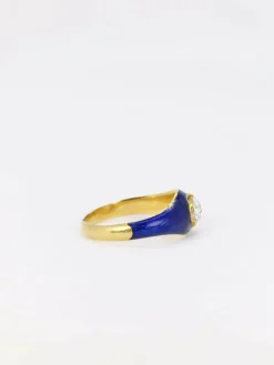 Bague solitaire émail bleu diamant taille ancienne