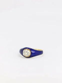 Bague solitaire émail bleu diamant taille ancienne