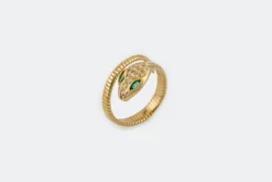 Bague spirale serpent en or jaune avec émeraudes et diamants