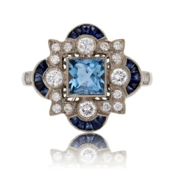 Bague style Art déco aigue-marine diamants saphirs