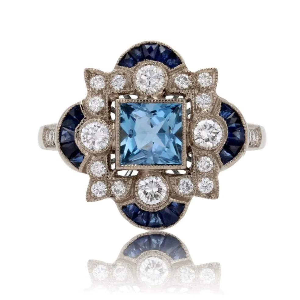 Bague style Art déco aigue-marine diamants saphirs