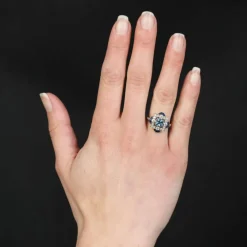 Bague style Art déco aigue-marine diamants saphirs