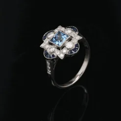 Bague style Art déco aigue-marine diamants saphirs