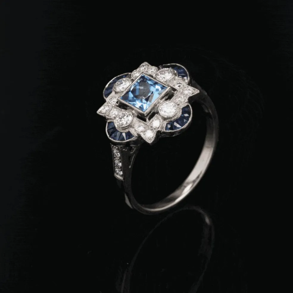Bague style Art déco aigue-marine diamants saphirs